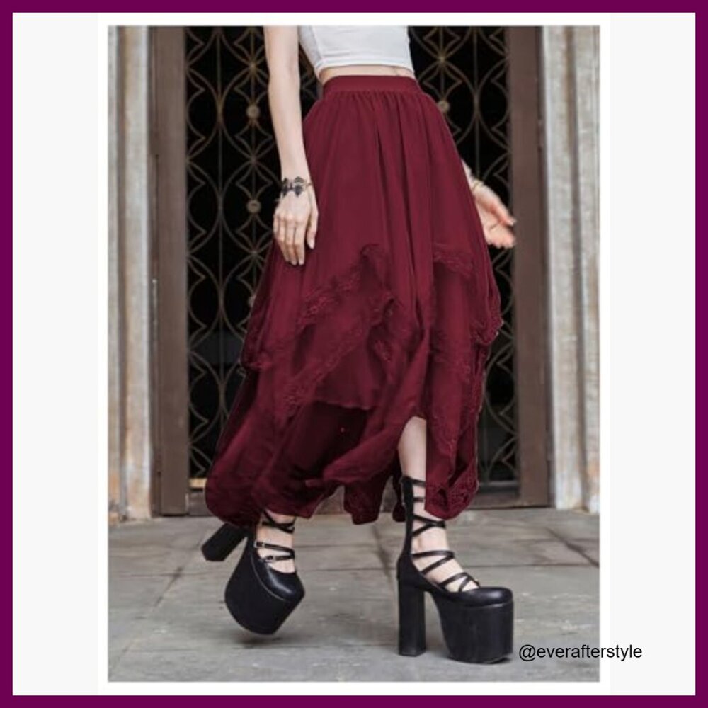 Lace Trim Mesh Tulle Skirt High Waist Asymmetrical Long Goth - Picture 3 of 5